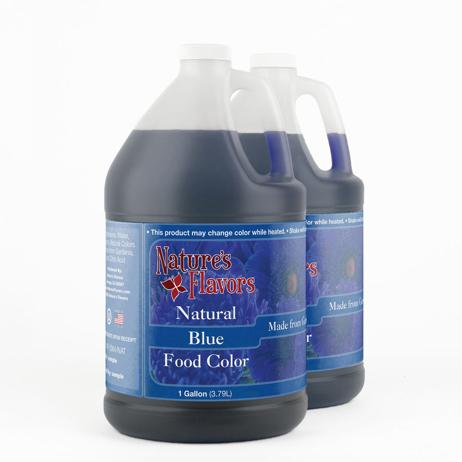 Two 1-gallon bottles labeled, "Natural Blue Gardenia Food Color"