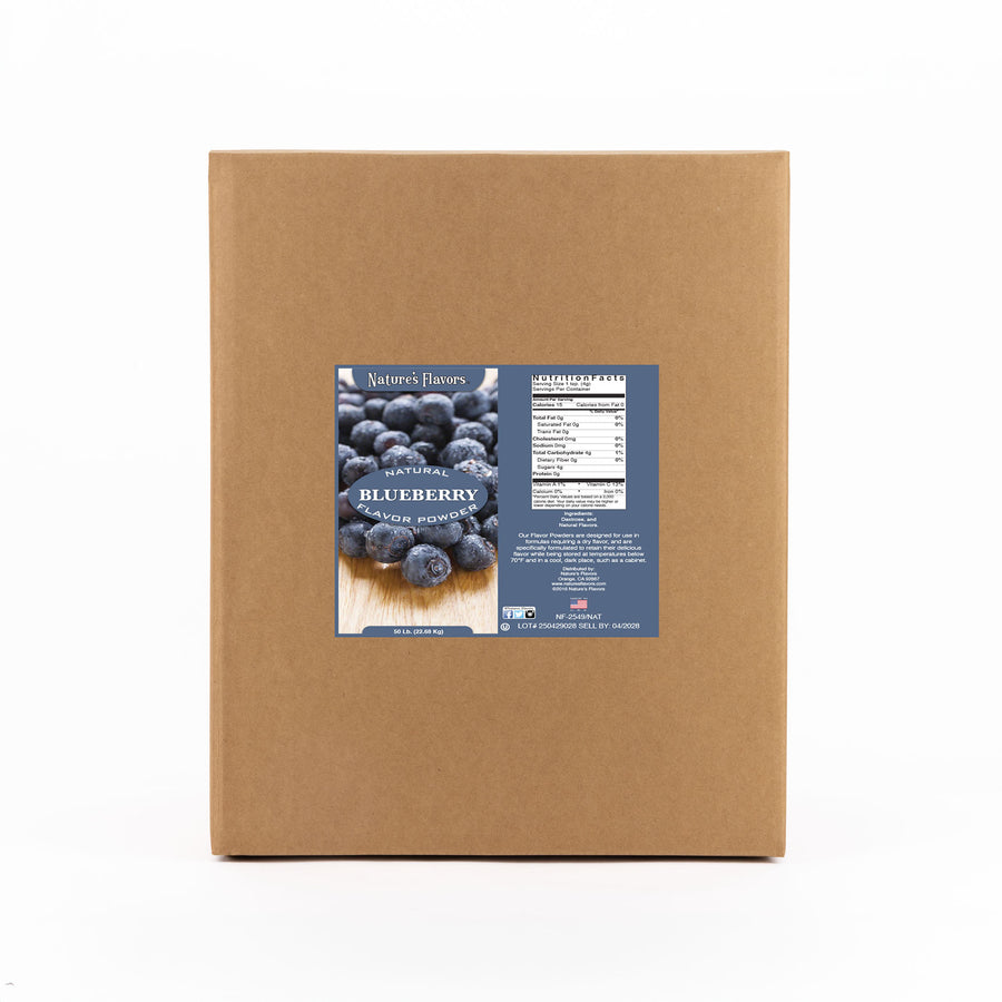 Cardboard box labeled “Natural Blueberry Flavor Powder"