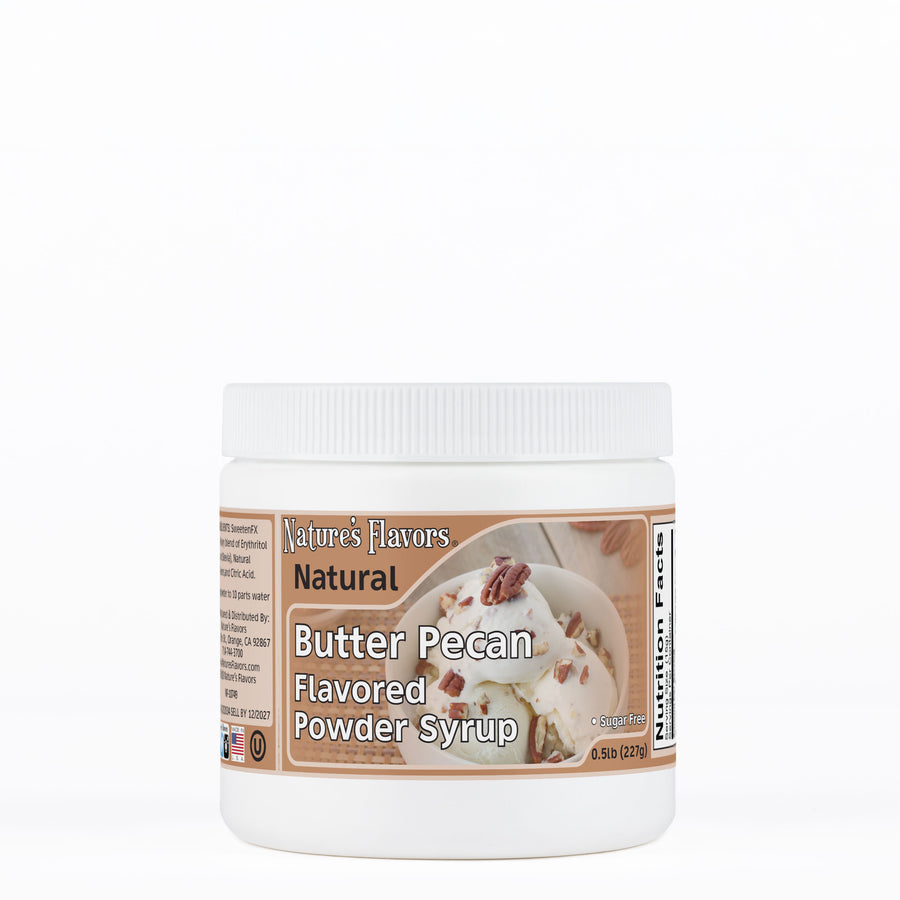 White tub labeled, "Butter Pecan Flavored Powder Syrup"