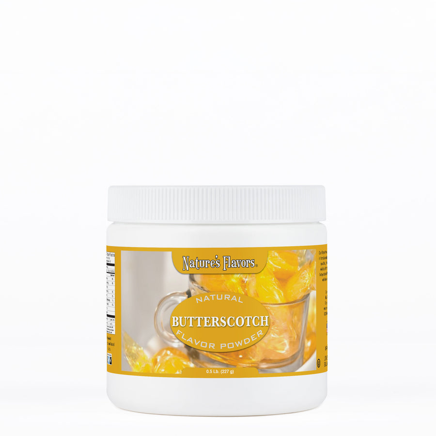 White tub labeled, "Natural Butterscotch Flavor Powder"