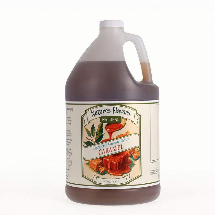 A one-gallon plastic jug of Nature's Flavors Natural Sugar Free Caramel Syrup, filled with dark brown syrup, featuring a cream-colored label with illustrations of caramel and maple leaves, set against a plain white background.