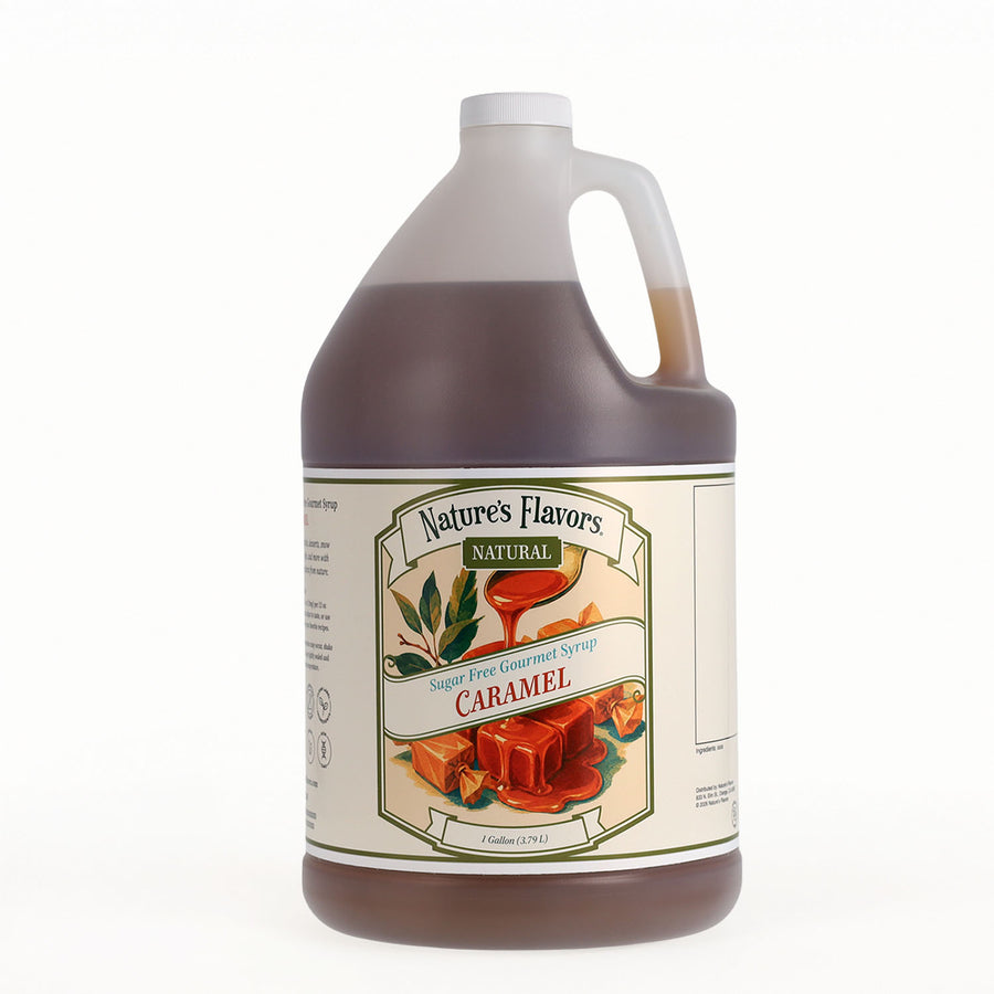 A one-gallon plastic jug of Nature's Flavors Natural Sugar Free Caramel Syrup, filled with dark brown syrup, featuring a cream-colored label with illustrations of caramel and maple leaves, set against a plain white background.