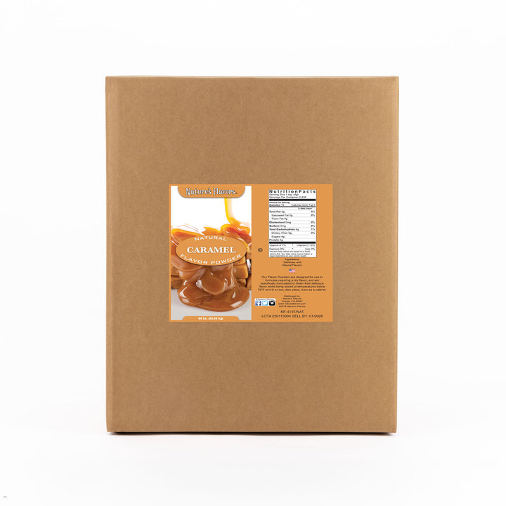 Cardboard box labeled “Natural Caramel Flavor Powder"