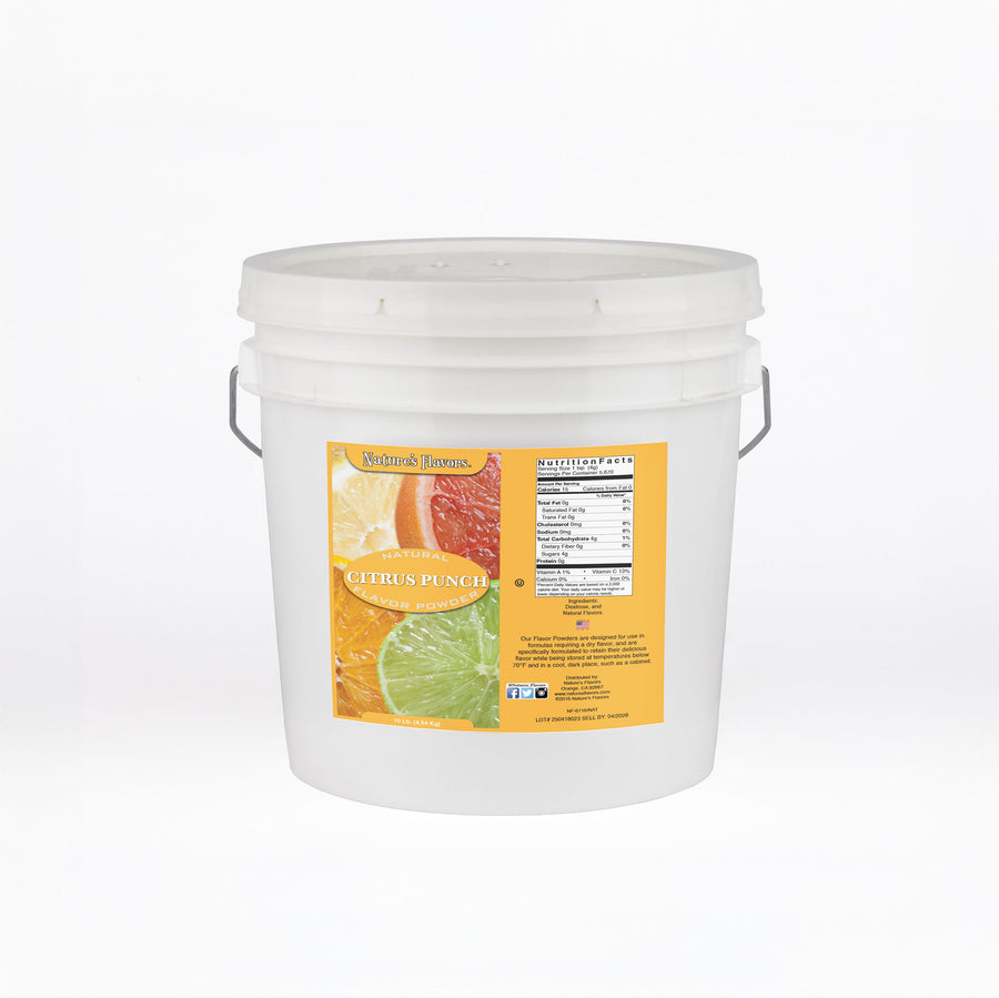 White bucket labeled “Natural Citrus Punch Flavor Powder"