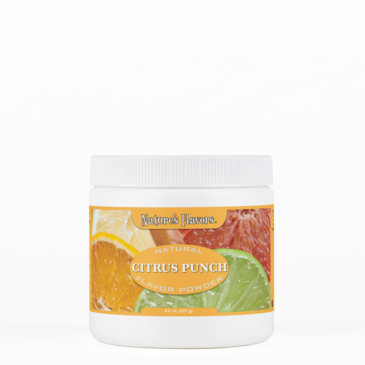 White tub labeled, "Natural Citrus Punch Flavor Powder."
