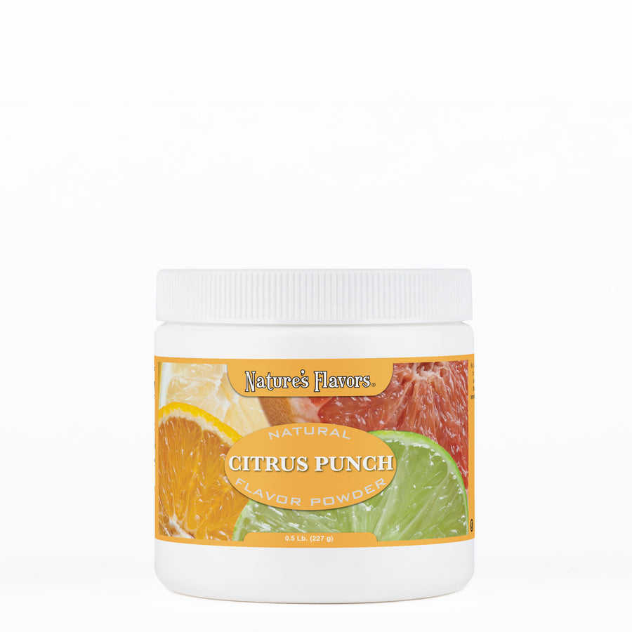 White tub labeled, "Natural Citrus Punch Flavor Powder."
