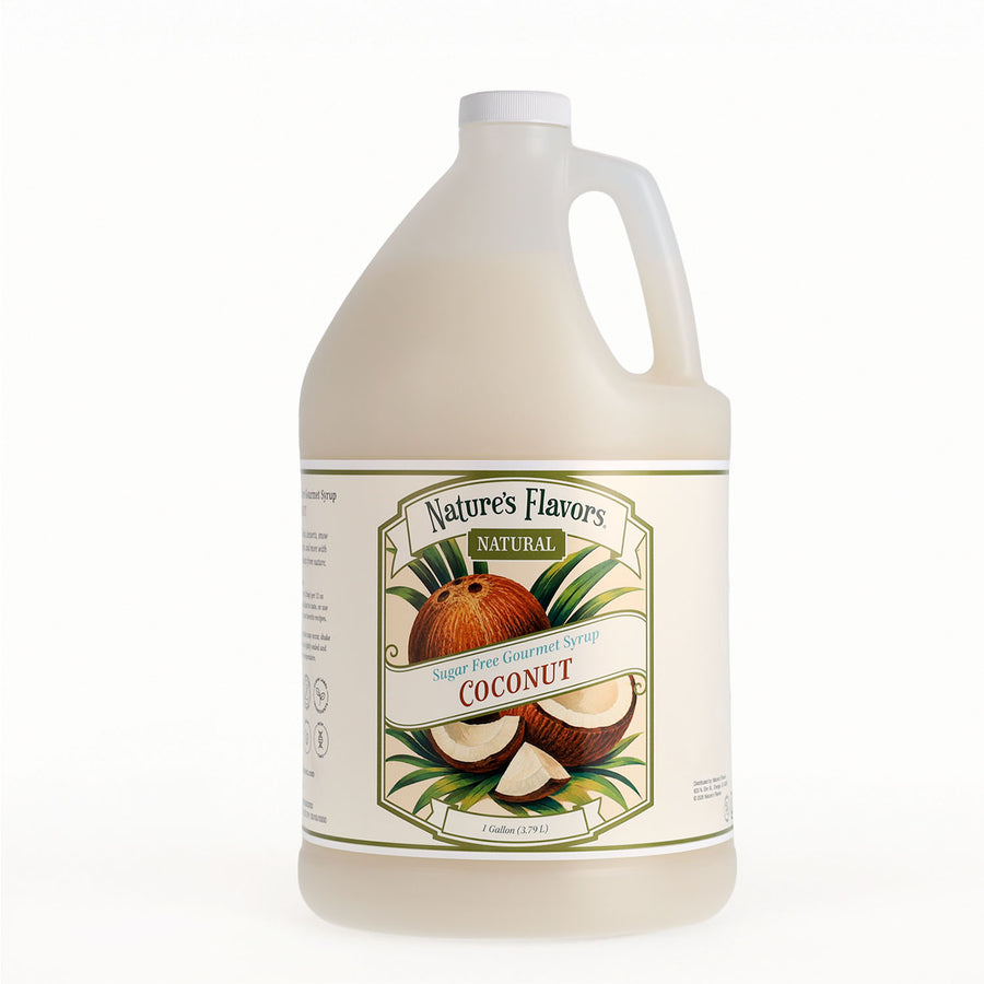 A one gallon plastic jug of Nature's Flavors Natural Coconut Sugar Free syrup, featuring a cream-colored label with illustrations of coconuts on a white background.