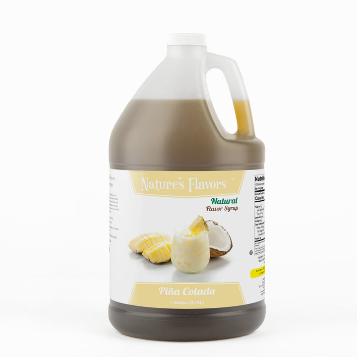 A 1 gallon bottle with a label that reads, "Natural Flavor Syrup Piña Colada"
