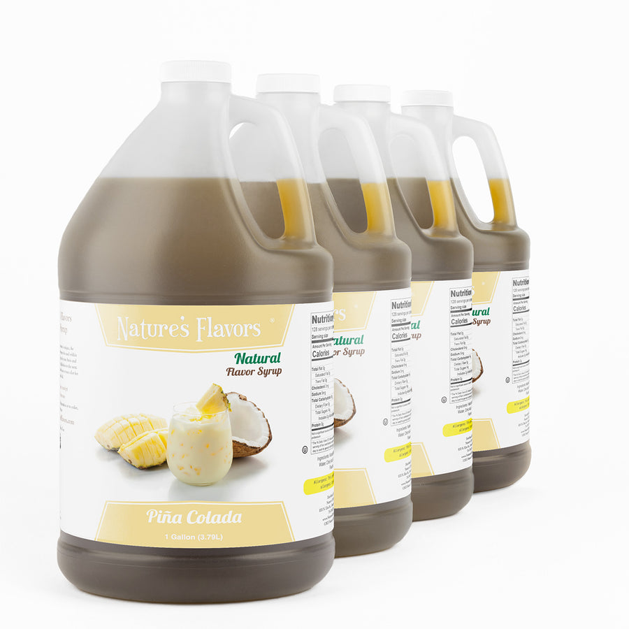 Four 1-gallon bottles with labels that read, "Natural Flavor Syrup Piña Colada"