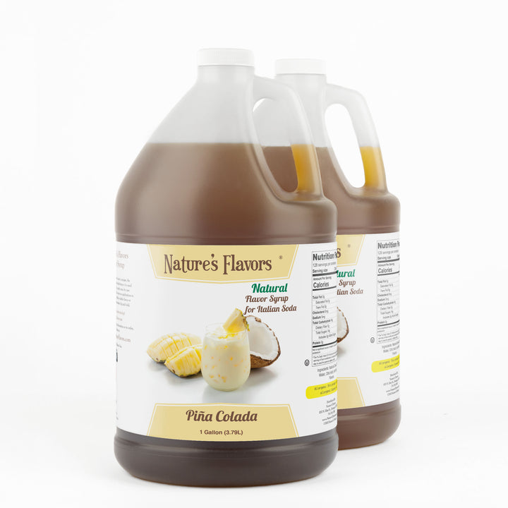 Two 1-gallon bottles with labels that read, "Natural Flavor Syrup for Italian Soda Piña Colada"