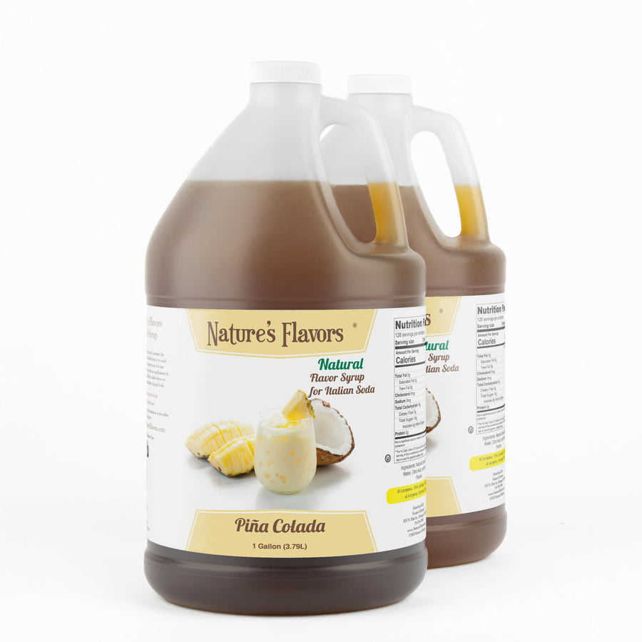 Two 1-gallon bottles with labels that read, "Natural Flavor Syrup for Italian Soda Piña Colada"