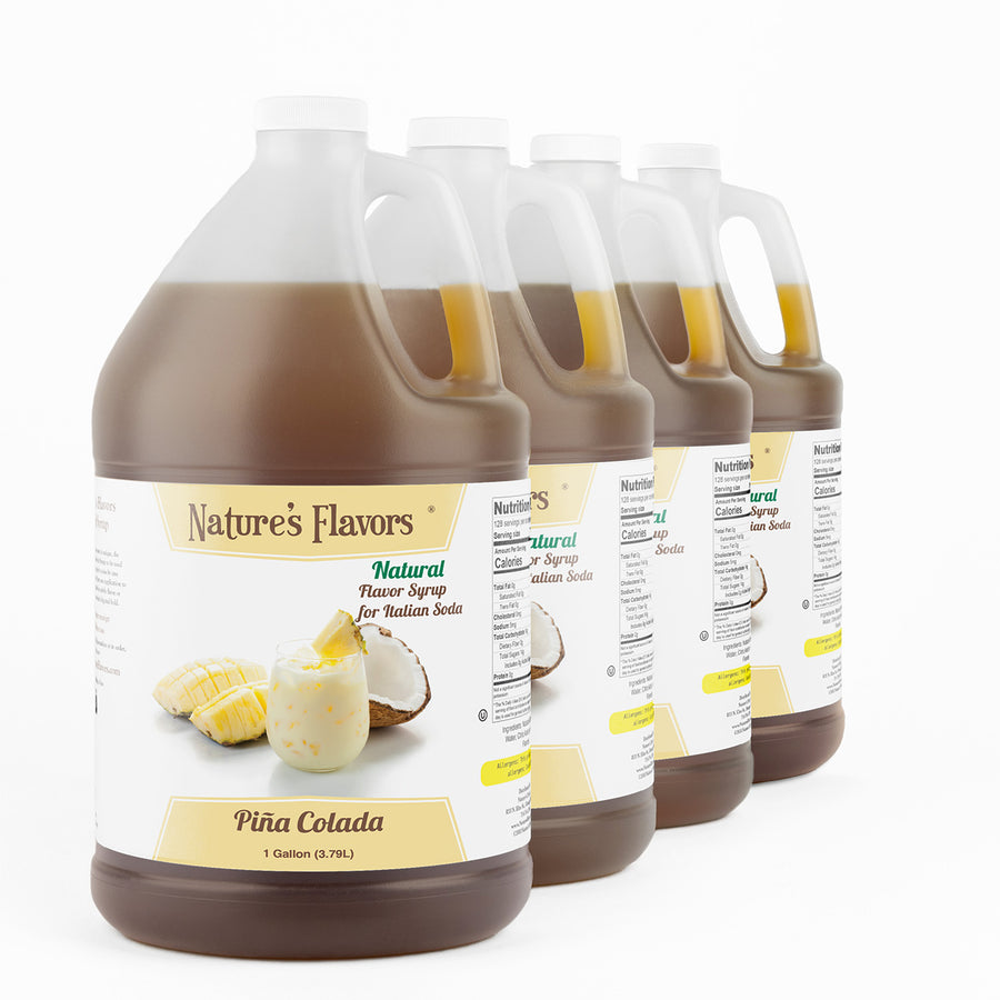 Four 1-gallon bottles with labels that read, "Natural Flavor Syrup for Italian Soda Piña Colada.