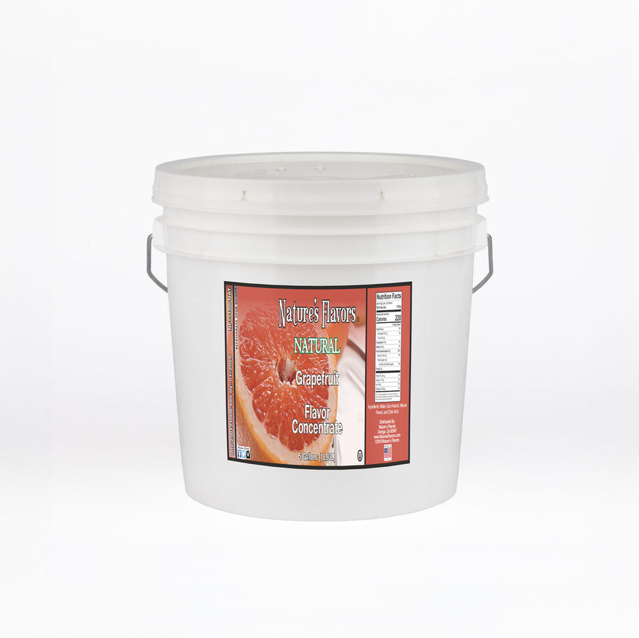 White bucket labeled “Natural Grapefruit Flavor Concentrate”.