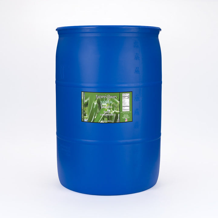 Large blue barrel labeled, "Natural Jalapeño Flavor Conccentrate”.