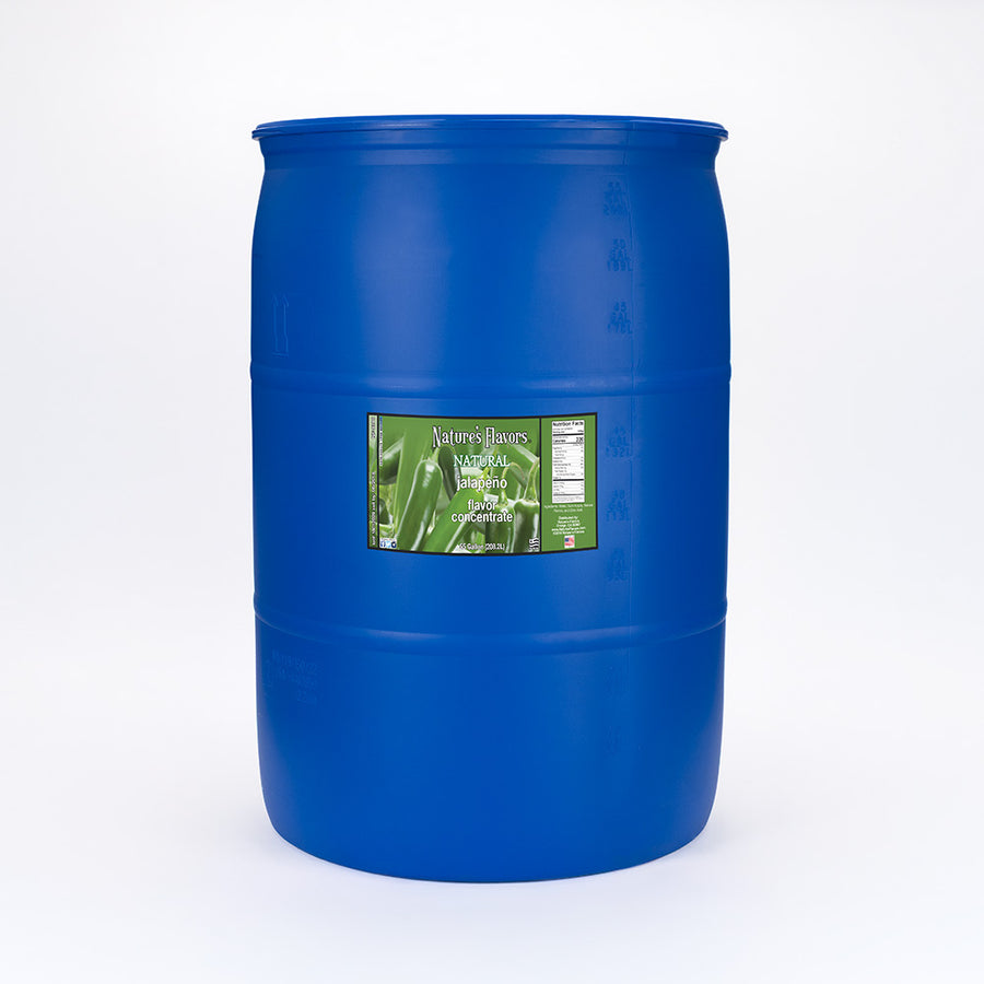 Large blue barrel labeled, "Natural Jalapeño Flavor Conccentrate”.