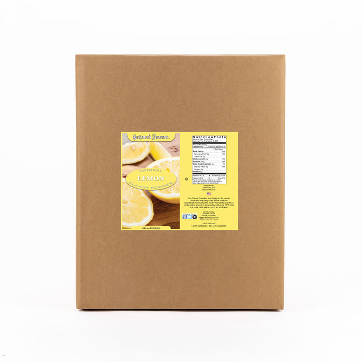 Cardboard box labeled “Natural Lemon Flavor Powder"
