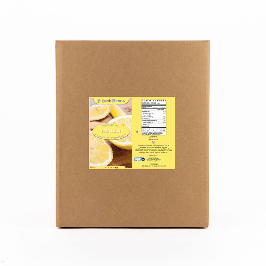 Cardboard box labeled “Natural Lemon Flavor Powder"