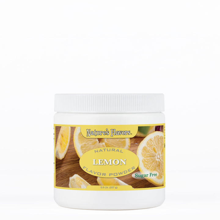 White tub labeled, "Natural Lemon Flavor Powder Sugar Free"