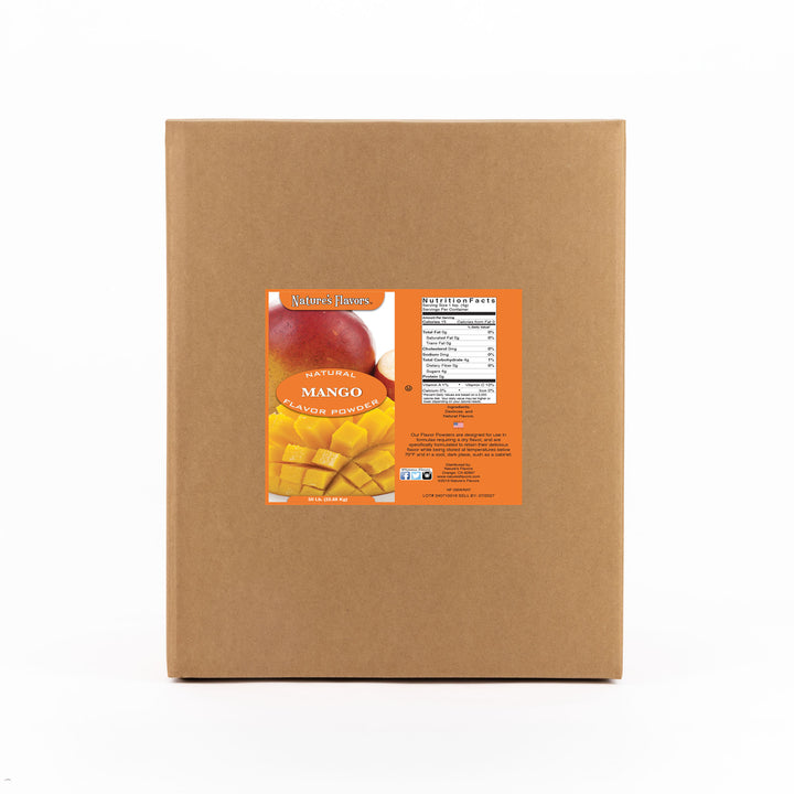 Cardboard box labeled “Natural Mango Flavor Powder"
