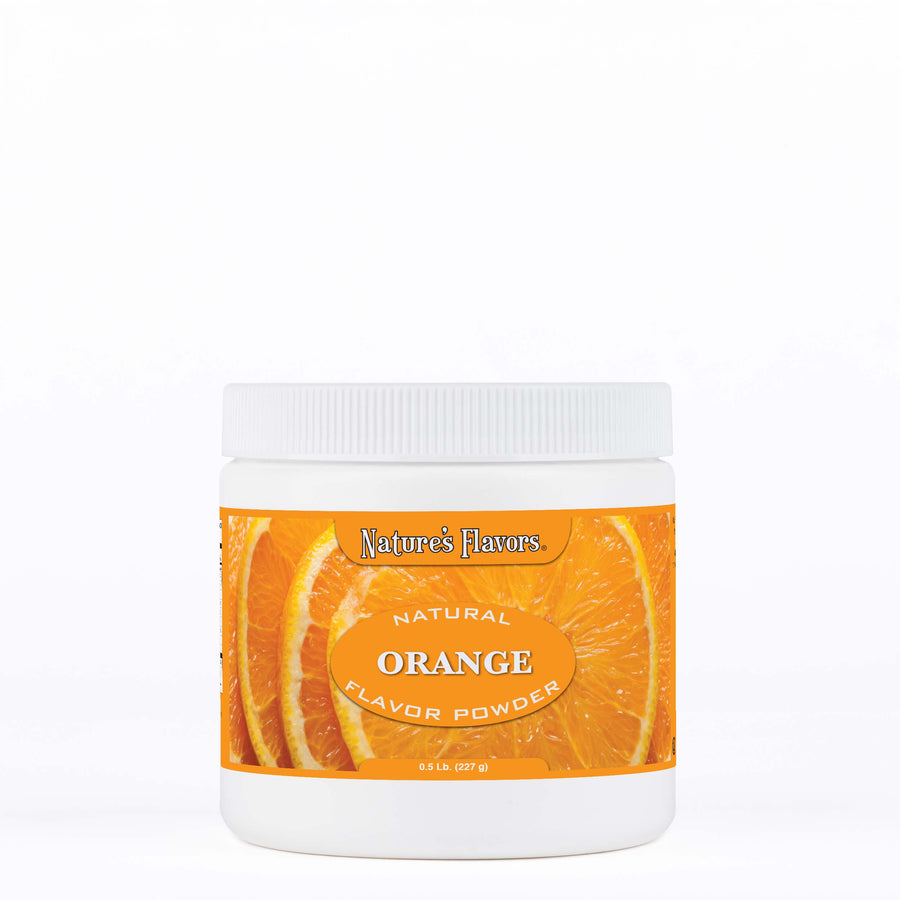 White tub labeled, "Natural Orange Flavor Powder" 
