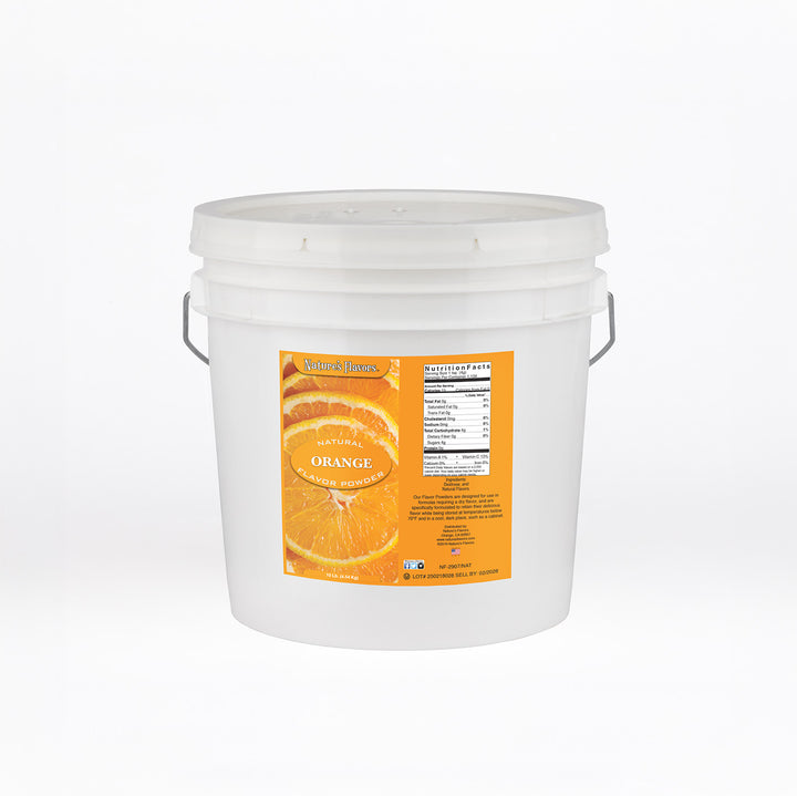 White bucket labeled “Natural Orange Flavor Powder”.

