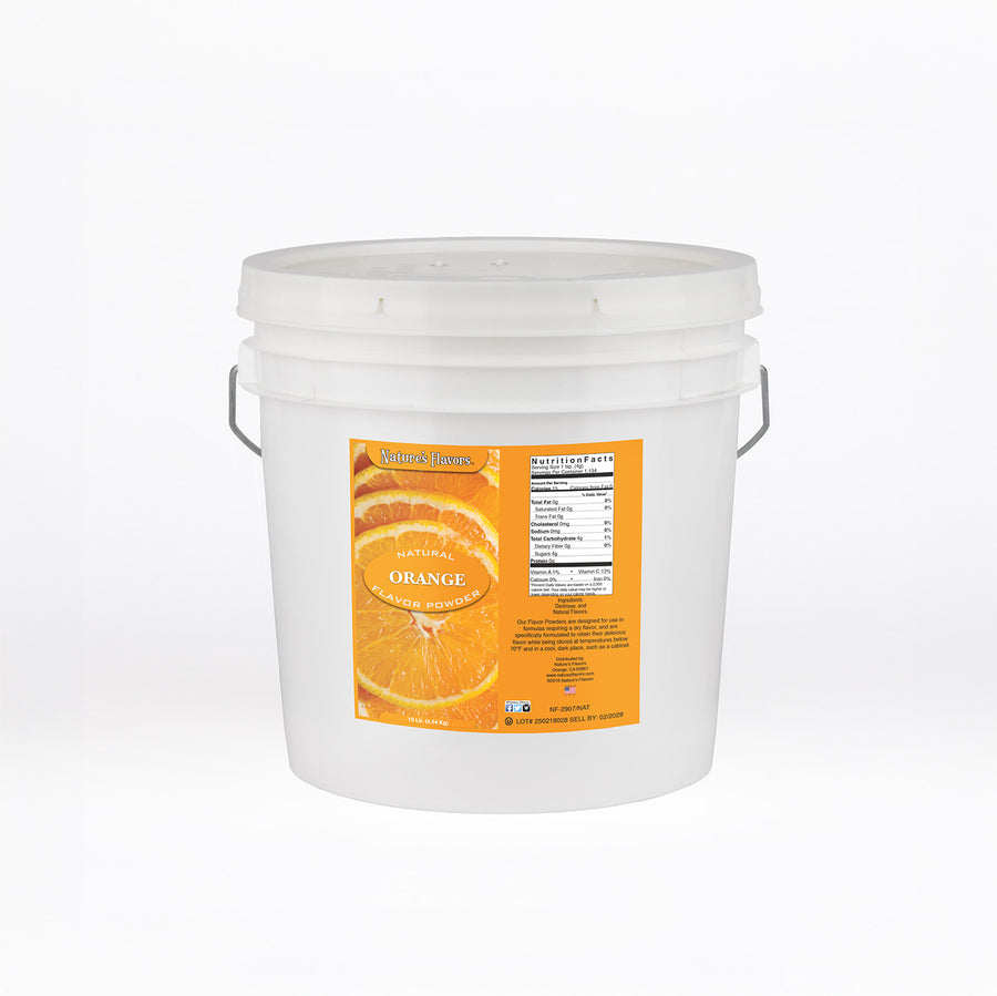 White bucket labeled “Natural Orange Flavor Powder”.
