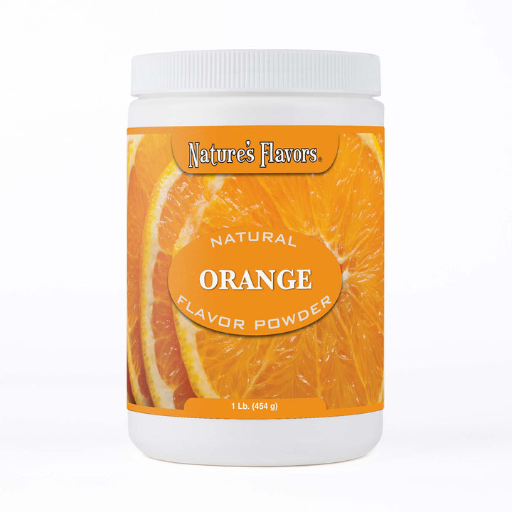 White tub labeled, "Natural Orange Flavor Powder"
