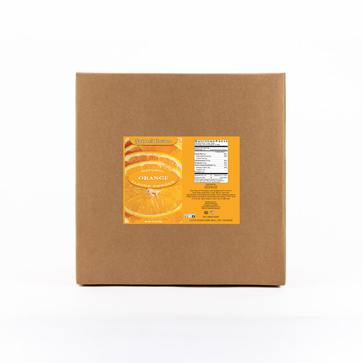 Cardboard box labeled “Natural Orange Flavor Powder”.
