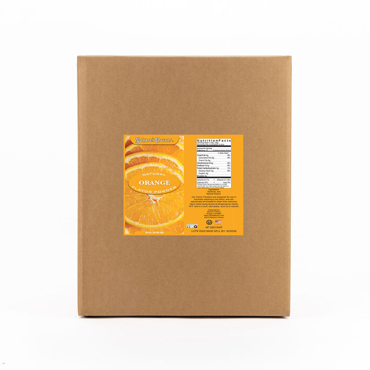 Cardboard box labeled “Natural Orange Flavor Powder”.
