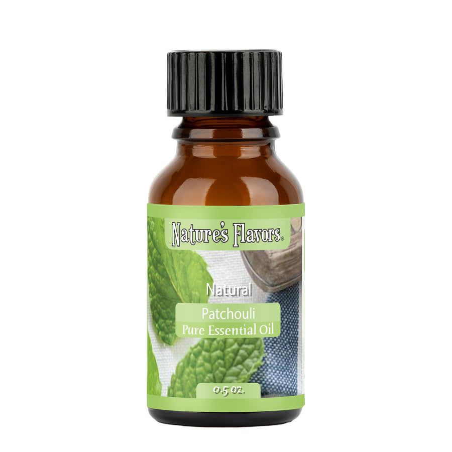 Small Brown bottle labeled “Natural Patchouli Pure Essential Oil"