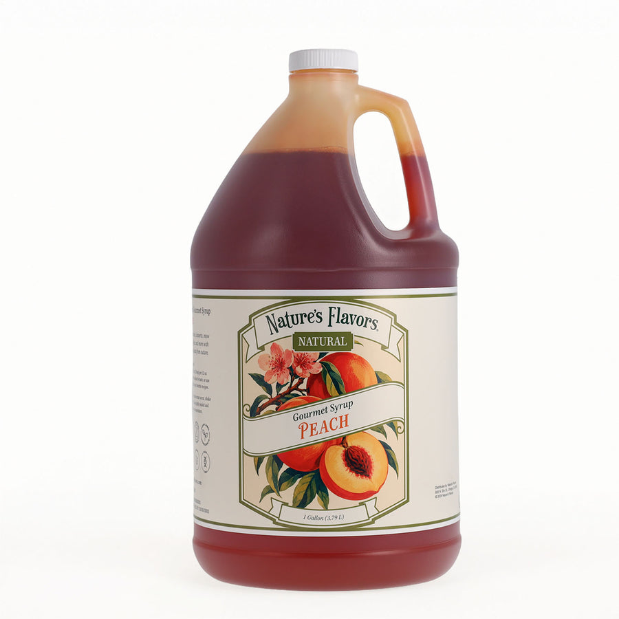 A gallon jug of Nature's Flavors Natural Gourmet Syrup Peach, filled with deep red orange syrup, on a clean white background.