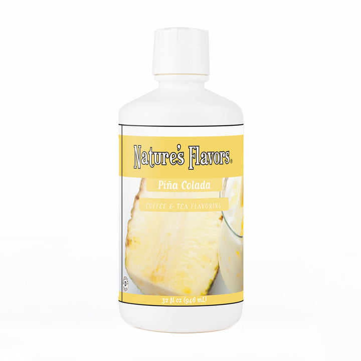 A white bottle with a label that reads, "Piña Colada Coffee & Tea Flavoring. 32 oz."
