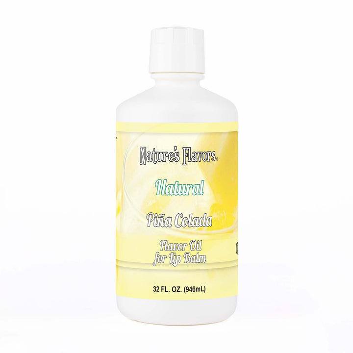 A white bottle with a label that reads, "Natural Piña Colada Flavor Oil for Lip Balm. 32 oz."