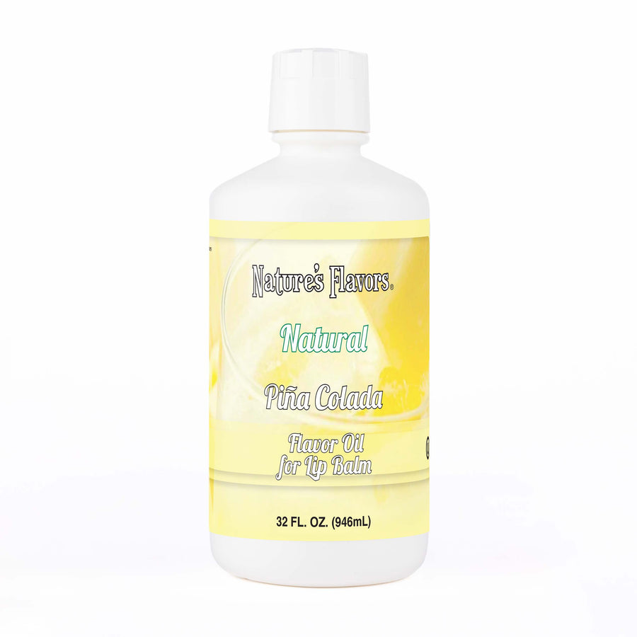 A white bottle with a label that reads, "Natural Piña Colada Flavor Oil for Lip Balm. 32 oz."