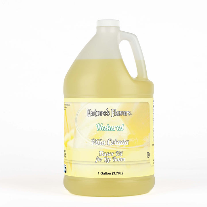 A 1 gallon bottle with a label that reads, "Natural Piña Colada Flavor Oil for Lip Balm."
