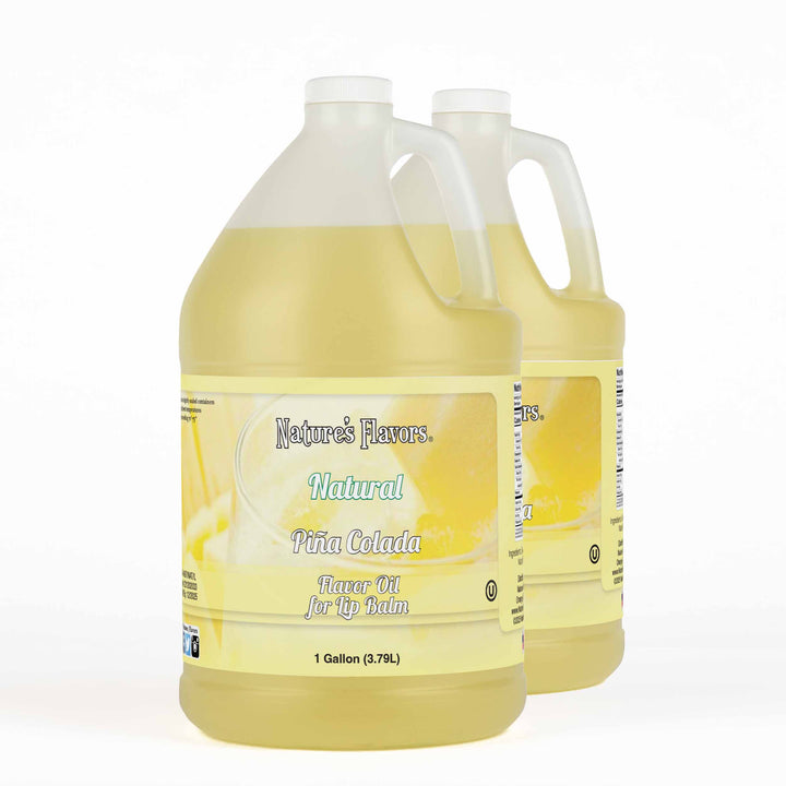 Two, 1 gallon bottles both with a label that read, "Natural Piña Colada Flavor Oil for Lip Balm"
