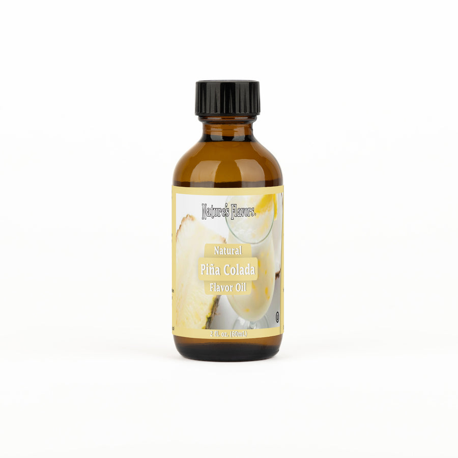 A brown bottle with a label that reads, "Natural Piña Colada Flavor Oil. 2 fl oz."