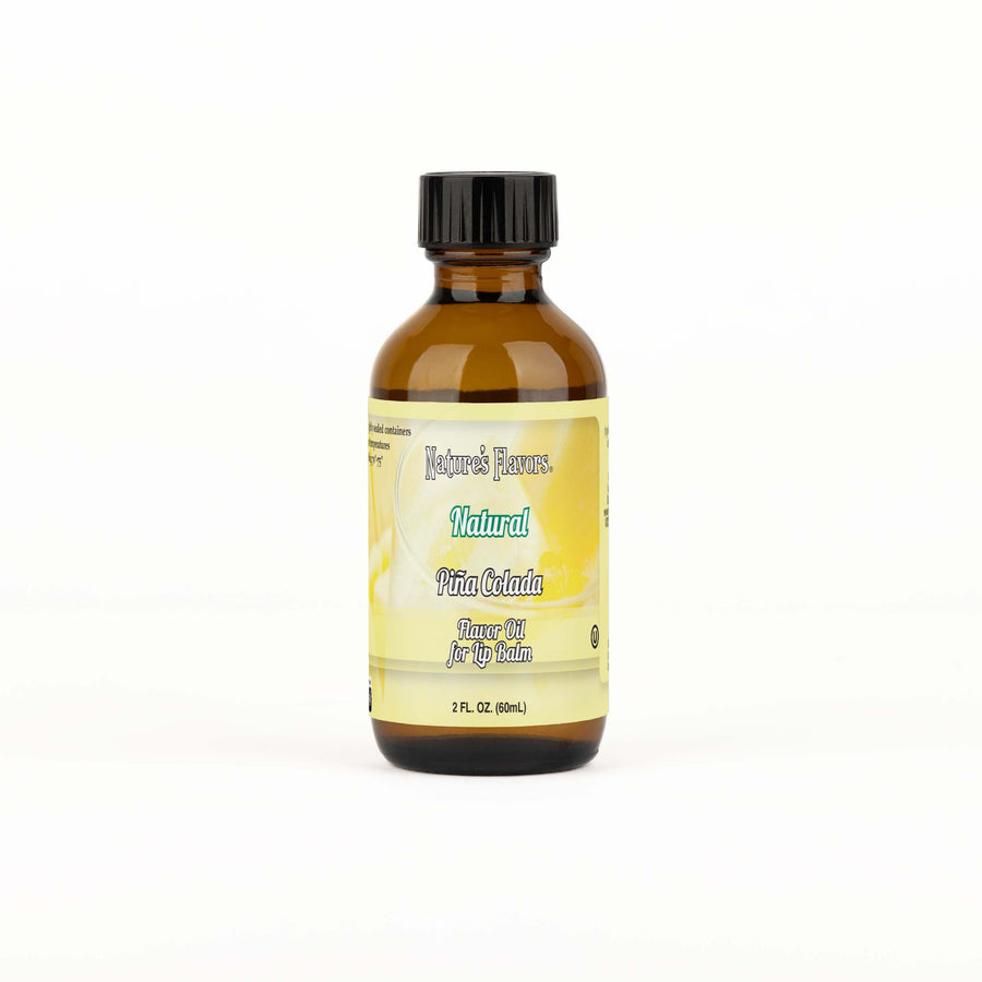 A brown bottle with a label that reads, "Natural Piña Colada Flavor Oil for Lip Balm. 2 fl oz."