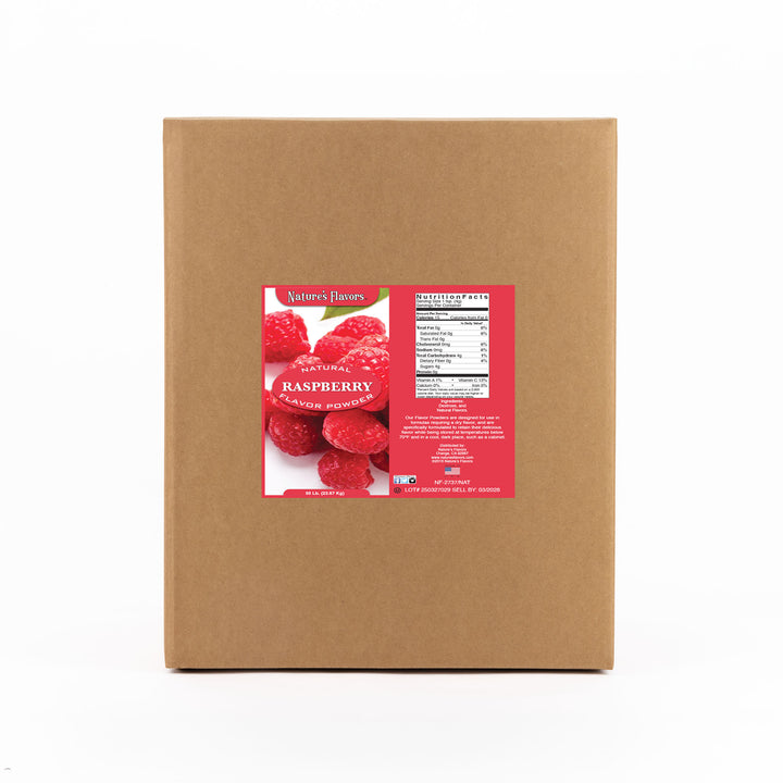 Cardboard box labeled “Natural Raspberry Flavor Powder 50lb”.
