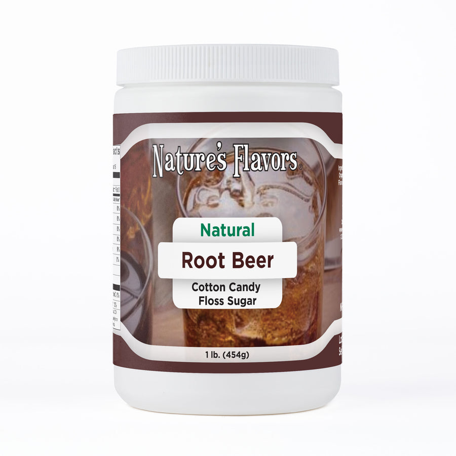 Tub labeled, "Natural Root Beer Cotton Candy Floss Sugar" 