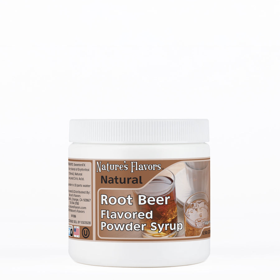Tub labeled, "Natural Root Beer Flavored Powder Syrup"
