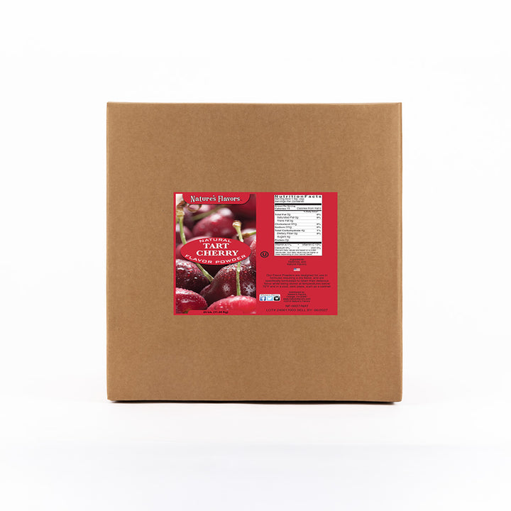 Cardboard box labeled “Natural Tart Cherry Flavor Powder”.