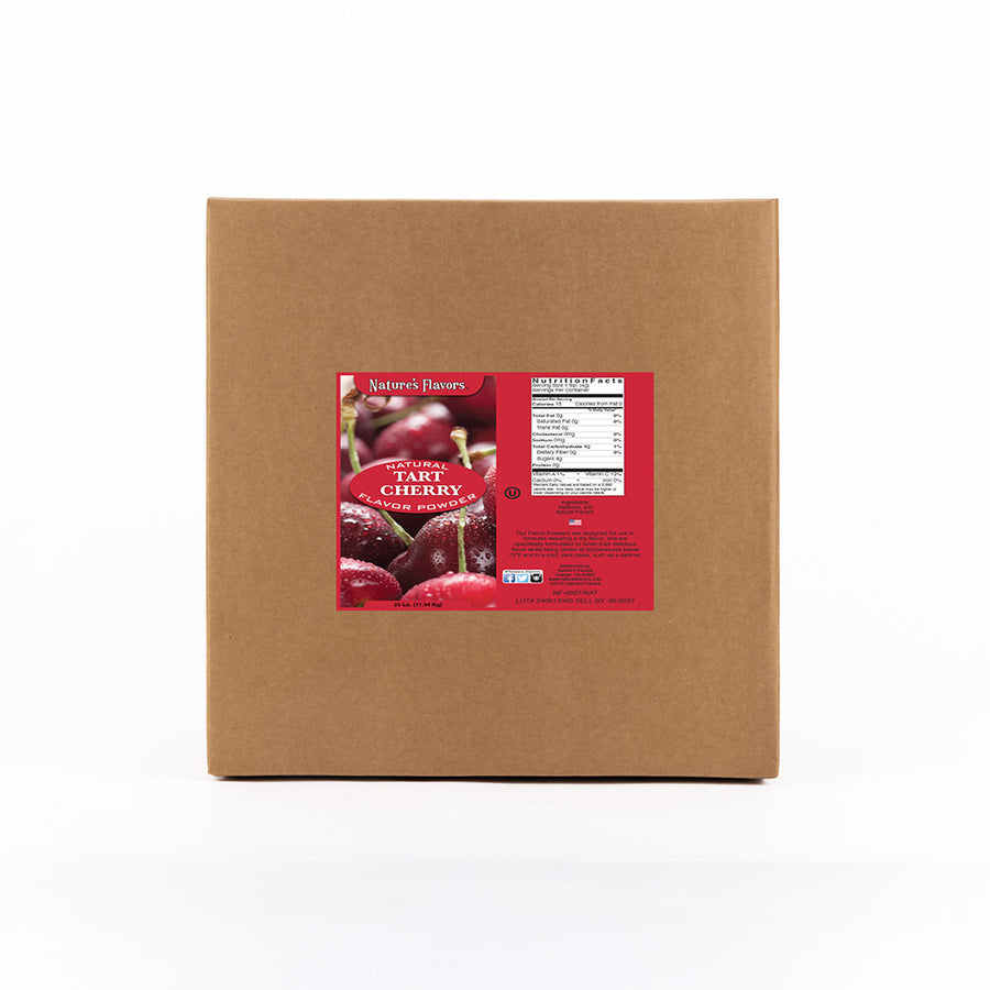 Cardboard box labeled “Natural Tart Cherry Flavor Powder”.