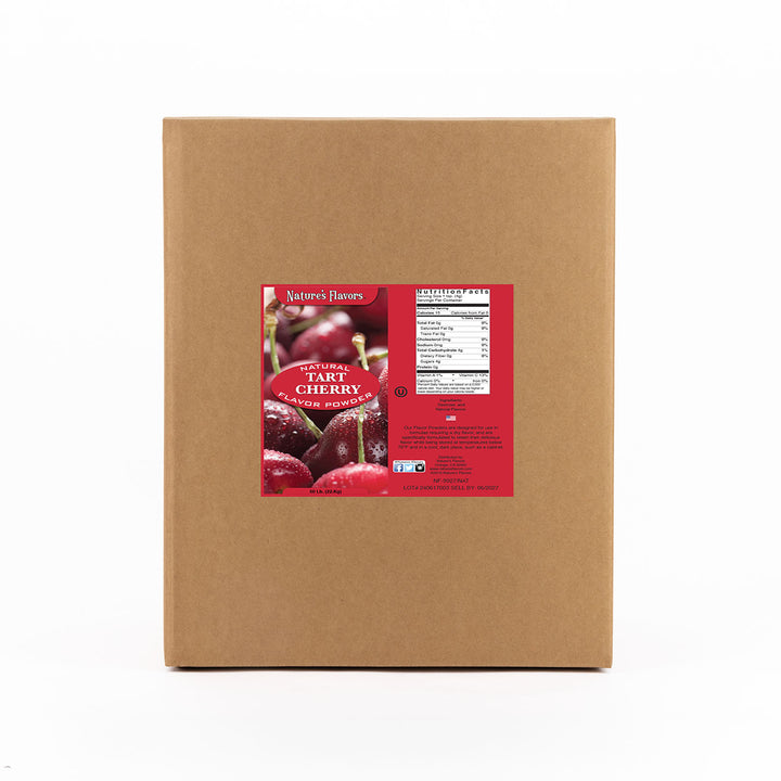 Cardboard box labeled “Natural Tart Cherry Flavor Powder”.