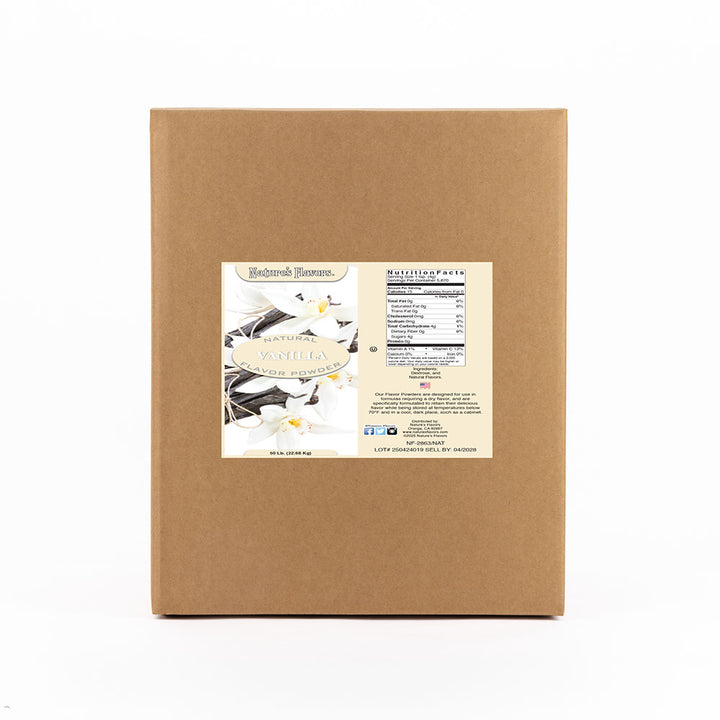 Cardboard box labeled “Natural Vanilla powder”.
