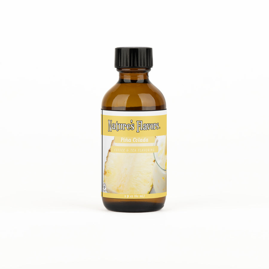 A brown bottle with a label that reads, "Piña Colada Coffee & Tea Flavoring. 2oz."