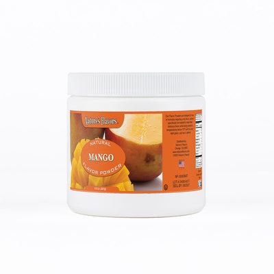 White tub labeled, "Natural Mango Flavor Powder"