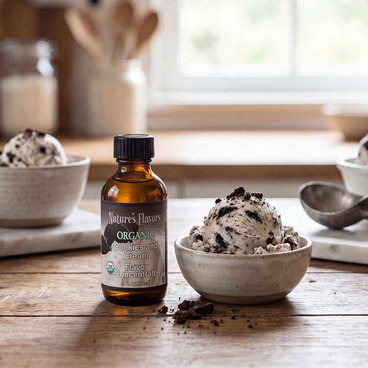 Bottle labeled, "Organic Cookies and Cream Flavor Concentrate"