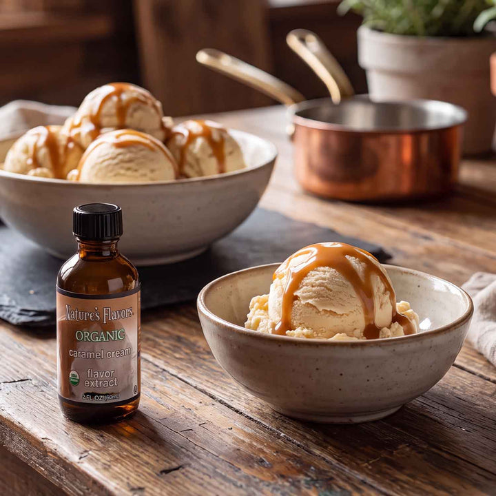 bottle labeled, "Organic Caramel Cream Flavor Extract"
