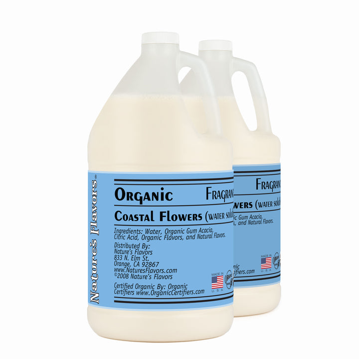 2 Jugs labeled, "Organic Coastal Flowers Fragrance Emulsion (Water Soluble)"